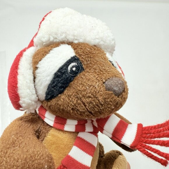 Sears Raccoon Reginald Christmas Plush Toy Winter Scarf Hat Earmuffs Sit Shelf - Picture 12 of 12